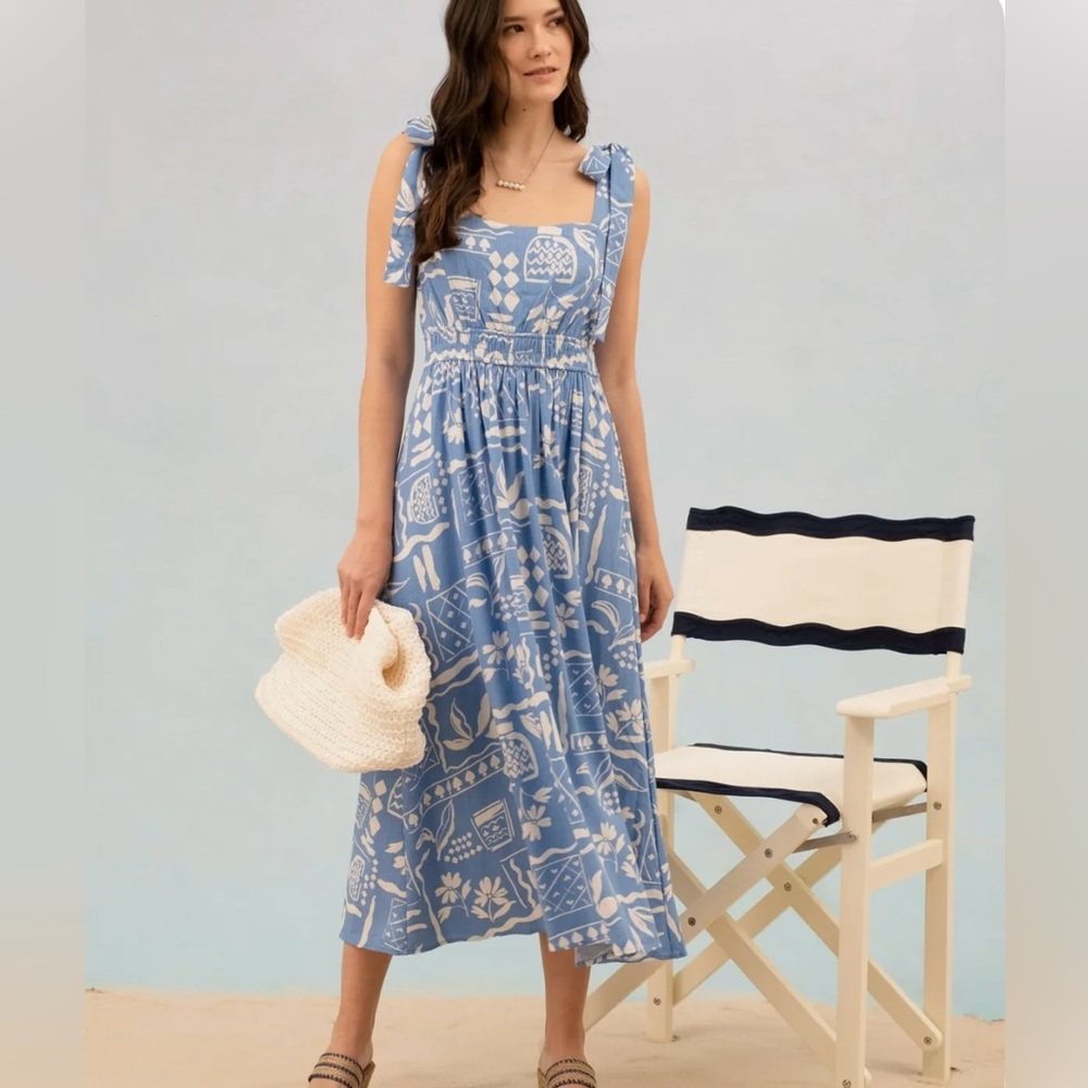 BP Blue and White Tie Front Midi Sundress